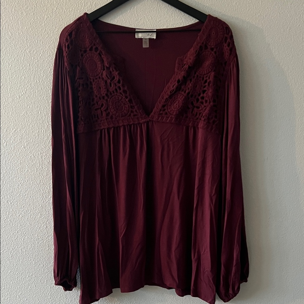 Burgundy Lace Trim Deep V Blouse